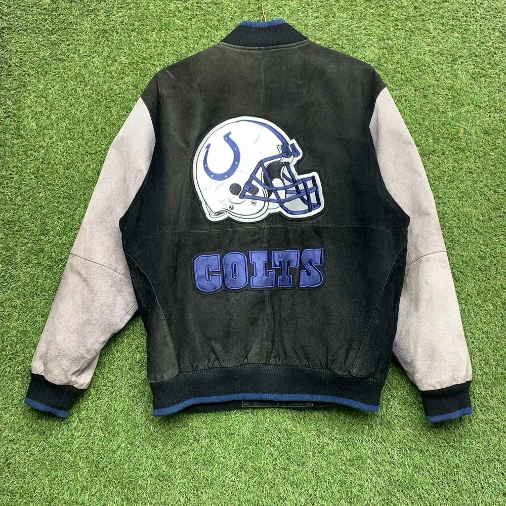 Vintage Indianapolis Colts Leather Jacket Mens Large Suede Black Heavy Full Zip